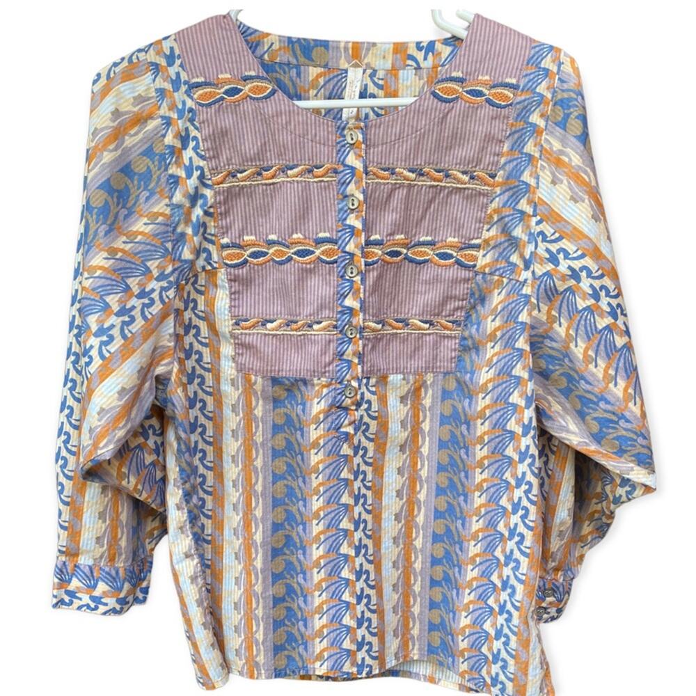 Free People Hippie Embroidered  Top Gorgeous colors purple Orange Like new L - Picture 1 of 5